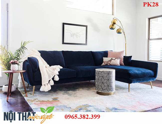Mẫu sofa phòng khách màu xanh nước biển chất liệu nhung quyền quý trong tiết kế PK28