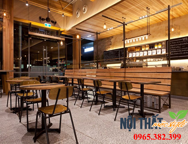Bàn ghế băng dài từ gỗ thông kết hợp chân sắt đẹp, giá rẻ nhất tại Nội thất Mộc Style