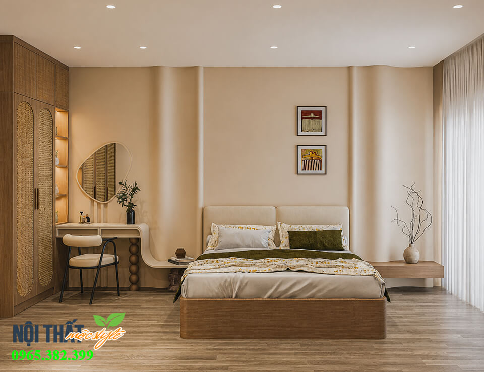 Thiết kế nội thất phòng ngủ 20m2 đẹp phong cách Wabi sabi Thiết kế nội thất phòng ngủ 20m2 đẹp phong cách Wabi sabi