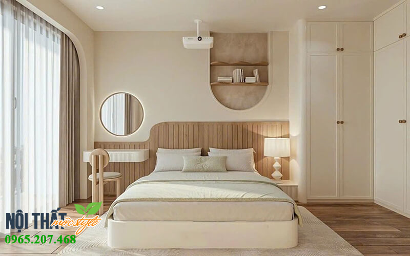 Thiết kế nội thất phòng ngủ 15m2 hiện đại gam màu trắng sữa và nâu ấm áp