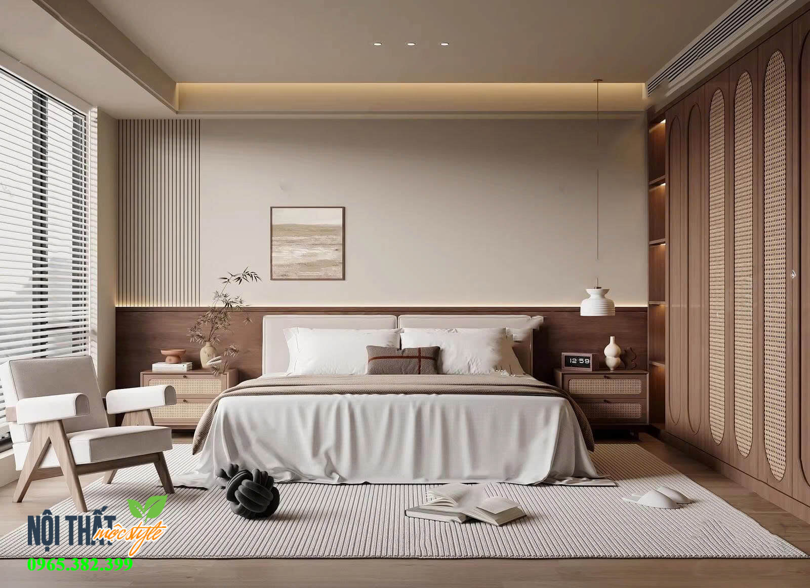 Thiết kế nội thất phòng ngủ mộc mạc với gỗ kết hợp cánh mây