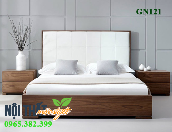 Giường ngủ gỗ công nghiệp GN121 thiết kế đầu giường cao bọc nệm trắng hiện đại