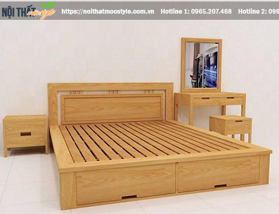 Giường ngủ gỗ sồi cao cao cấp với 2 ngăn kéo đuôi giường hiện đại