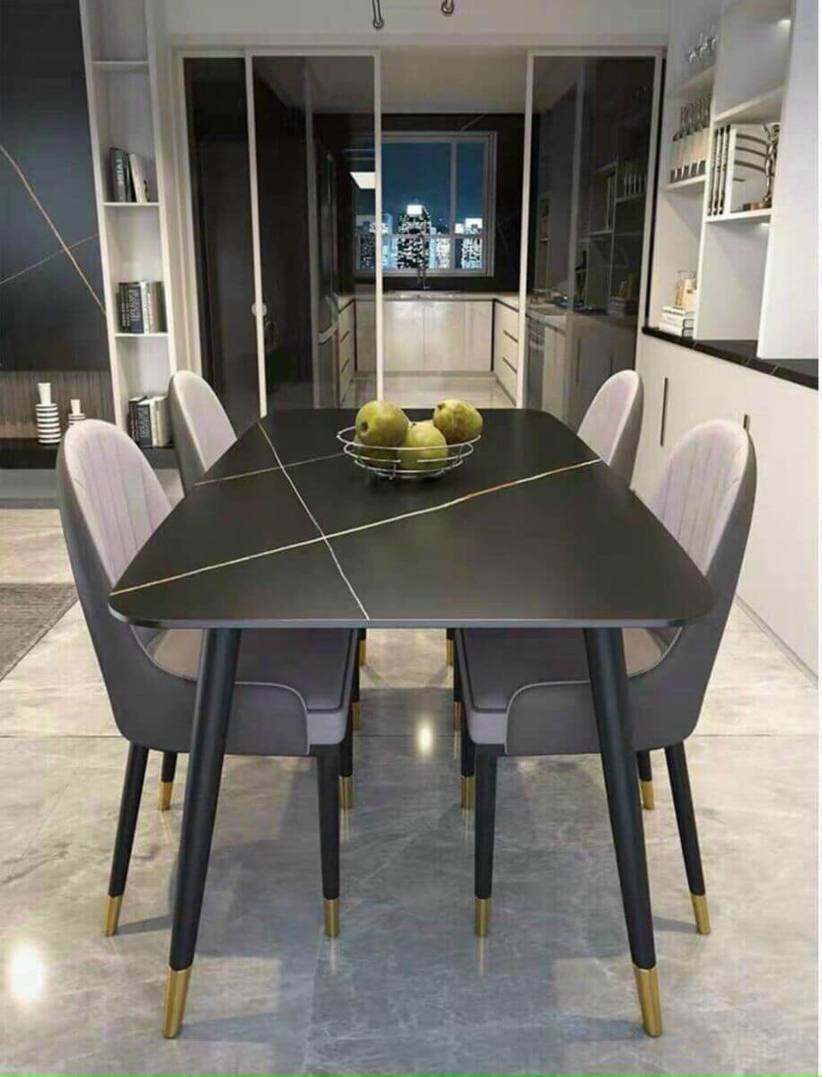 Bộ bàn ăn mặt đá ceramic đen kết hợp ghế monet tông ghi ấn tượng Bộ bàn ăn mặt đá ceramic đen kết hợp ghế monet tông ghi ấn tượng