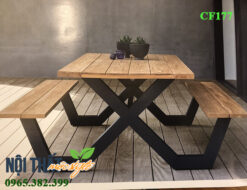 Bàn ghế cafe ngoài trời CF177- bàn ghế chân sắt mặt gỗ đơn giản, mộc mạc