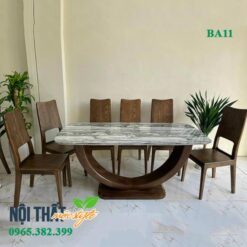 Bộ bàn ghế ăn gỗ sồi Nga chân cánh cung kết hợp mặt đá cao cấp