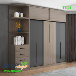 Tủ gỗ cửa lùa TG01 hiện đại với hệ kệ trang trí tiện nghi