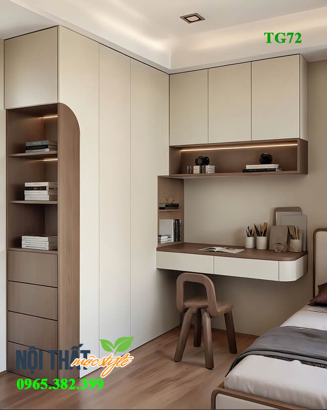 Tủ quần áo gỗ công nghiệp TG72 kết hợp bàn học và giá sách liền mạch không gian Tủ quần áo gỗ công nghiệp TG72 kết hợp bàn học và giá sách liền mạch không gian