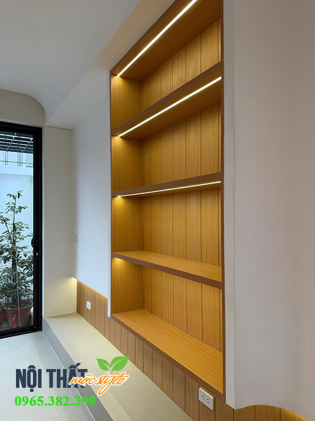 Chi tiết ốp vách kệ tivi do xưởng Nội thất Mộc Style thực hiện
