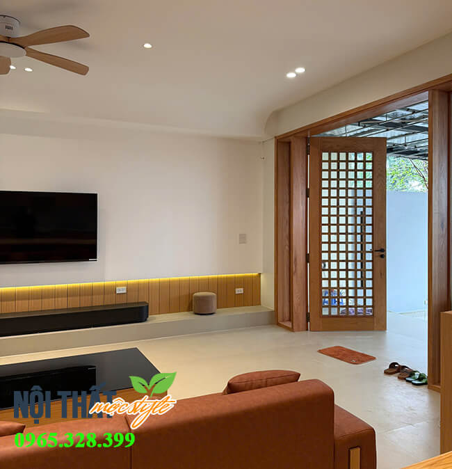 Thi công nội thất phong cách Japandi kết hợp hiệ đại với của cánh gỗ lồng kính