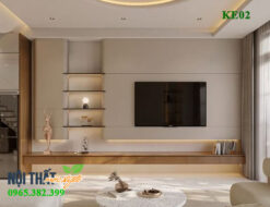 Tủ kệ tivi đẹp KE02 với gam màu trắng kết hợp gỗ nhấn đen