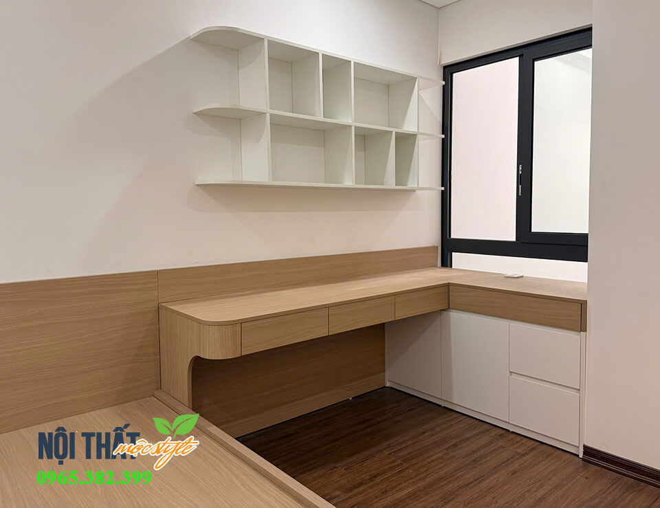 Bàn làm việc chữ L mộc mạc kết hợp giá sách treo tường đơn giản Bàn làm việc chữ L mộc mạc kết hợp giá sách treo tường đơn giản