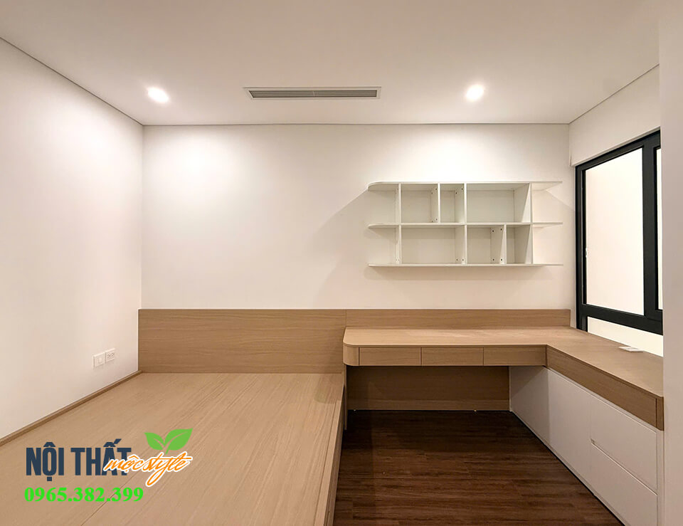 Giường ngủ liền bàn làm việc chữ L, đón ánh sáng cửa sổ tối ưu Giường ngủ liền bàn làm việc chữ L, đón ánh sáng cửa sổ tối ưu