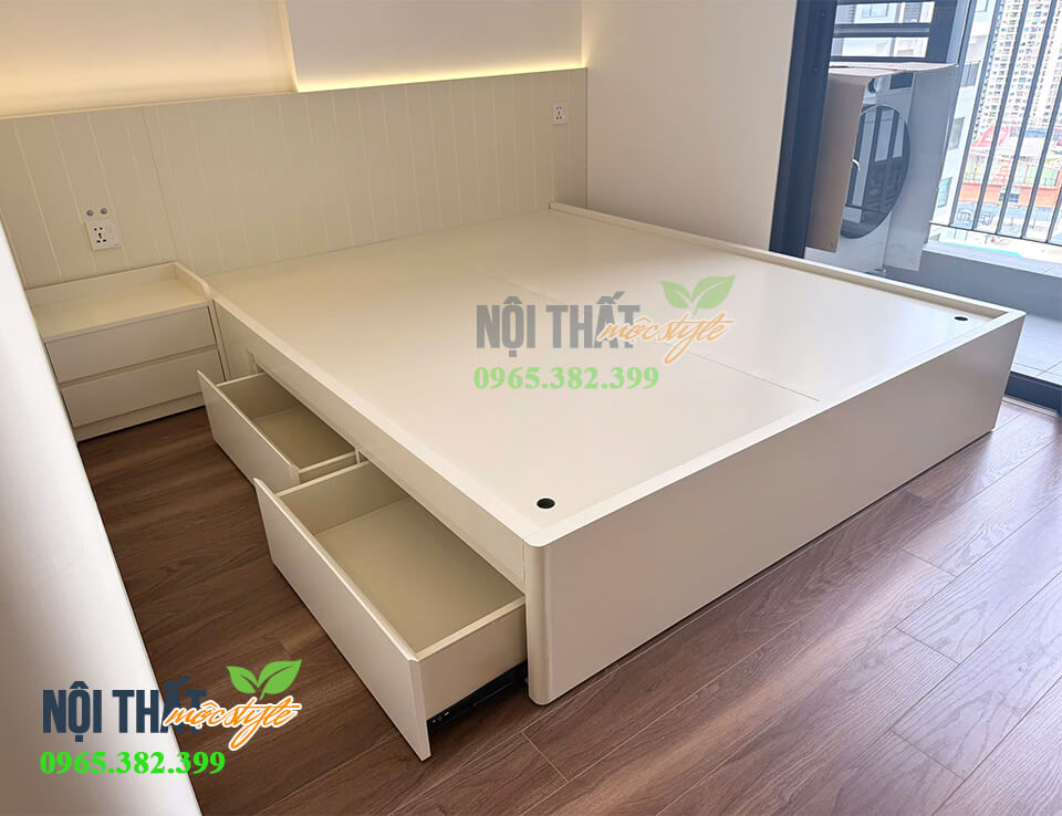 Giường ngủ 2 ngăn kéo màu trắng kem đẹp nhẹ nhàng Giường ngủ 2 ngăn kéo màu trắng kem đẹp nhẹ nhàng