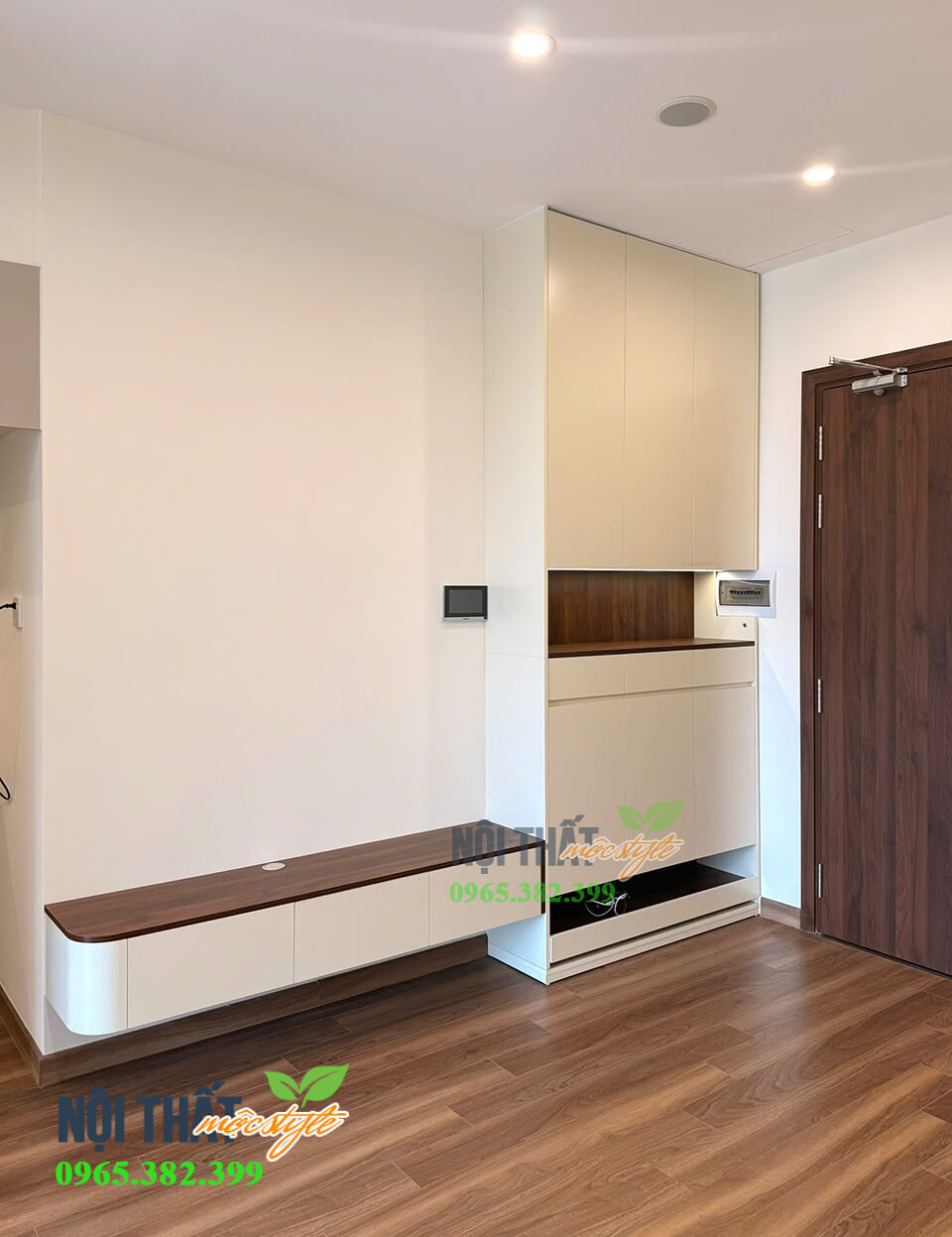 Thi công kệ tivi liền tủ giày gam màu trắng kem kết hợp nâu óc chó Thi công kệ tivi liền tủ giày gam màu trắng kem kết hợp nâu óc chó