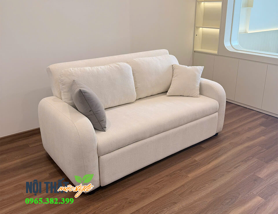 Sofa giường bọc nỉ trắng kem trượt nước, dễ vệ sinh Sofa giường bọc nỉ trắng kem trượt nước, dễ vệ sinh