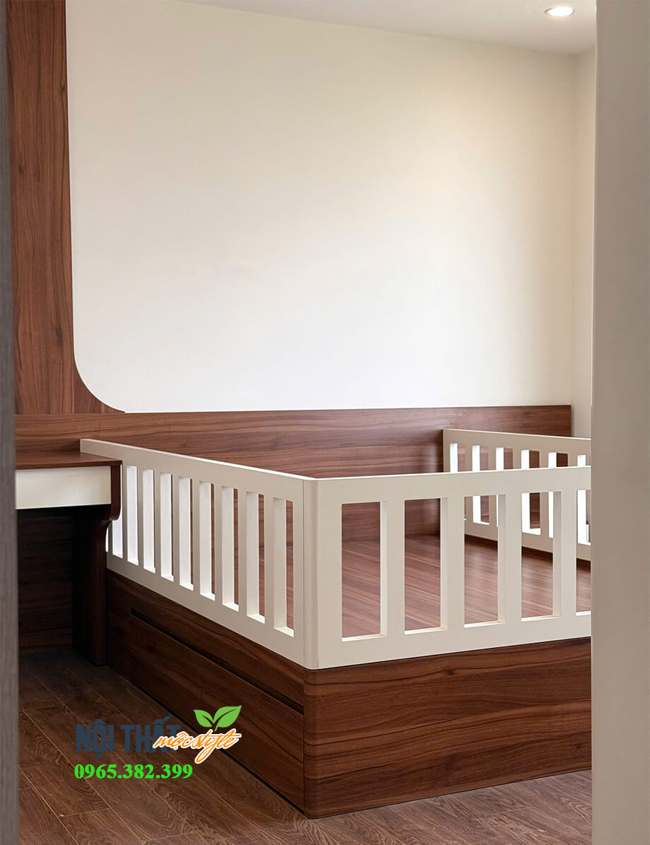 giường ngủ đuôi giường bo cong liền bàn học chữ L
