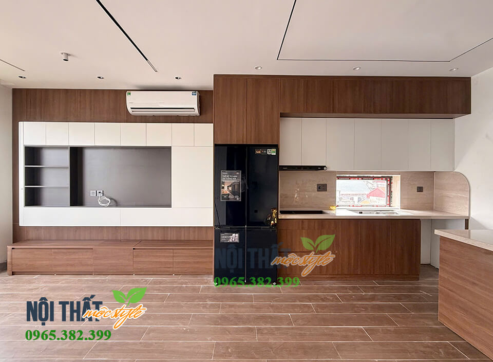Kệ tivi liền tủ bếp cho nhà phố đẹp - Nội thất Mộc Style