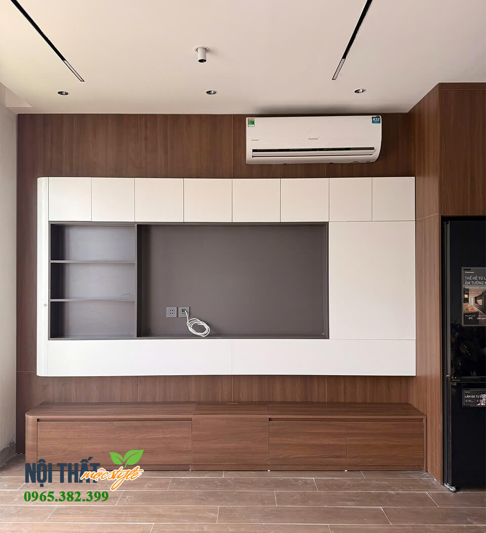 Kệ tivi phòng khách hiện đại với hộc nhấn nổi tivi và kệ tivi đặt đất